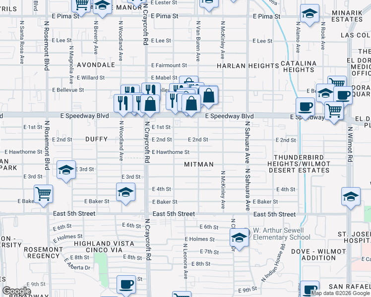 map of restaurants, bars, coffee shops, grocery stores, and more near 5613 East Hawthorne Street in Tucson