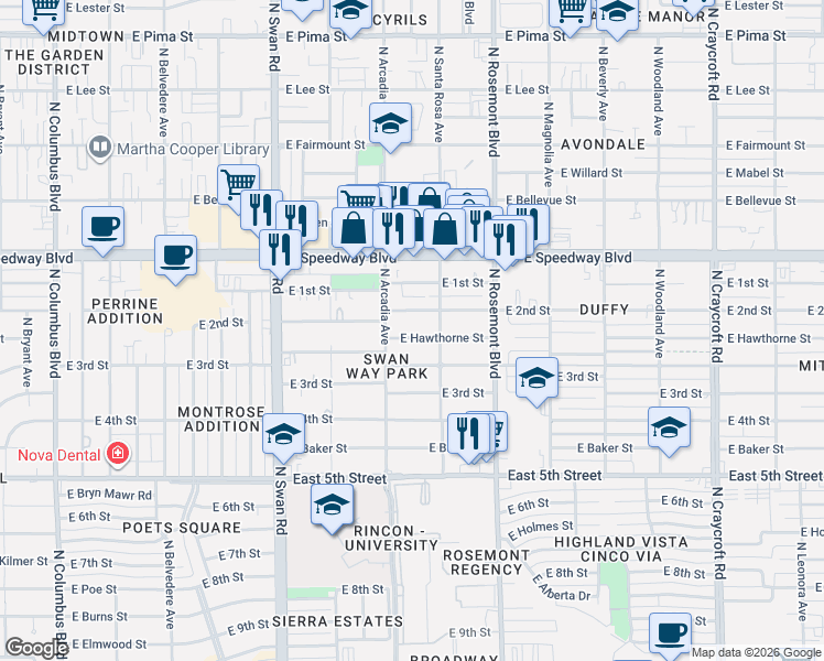 map of restaurants, bars, coffee shops, grocery stores, and more near 4919 East Hawthorne Street in Tucson