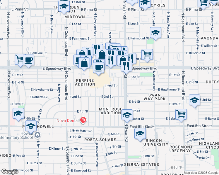 map of restaurants, bars, coffee shops, grocery stores, and more near 955 North Venice Avenue in Tucson