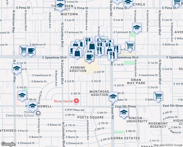 map of restaurants, bars, coffee shops, grocery stores, and more near 926 North Belvedere Avenue in Tucson