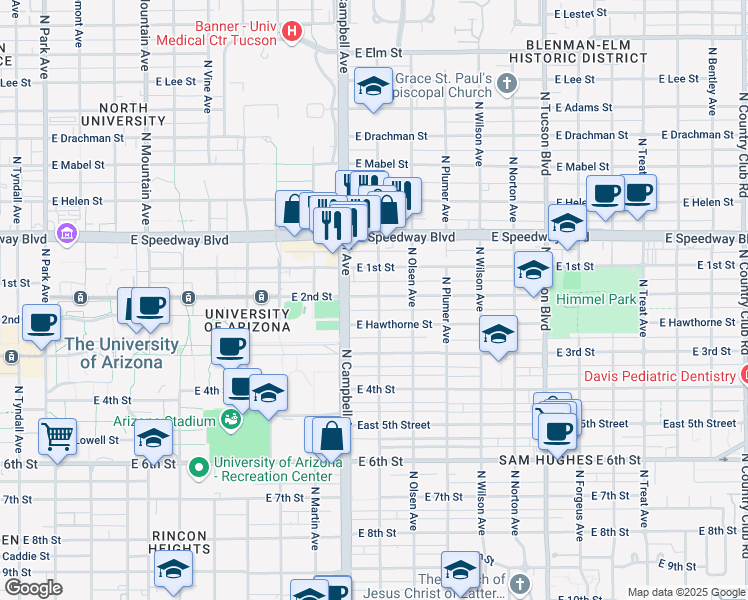 map of restaurants, bars, coffee shops, grocery stores, and more near 1928 East 2nd Street in Tucson