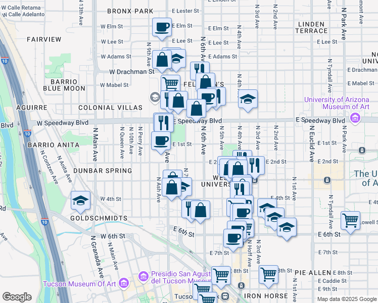 map of restaurants, bars, coffee shops, grocery stores, and more near 930 North 7th Avenue in Tucson