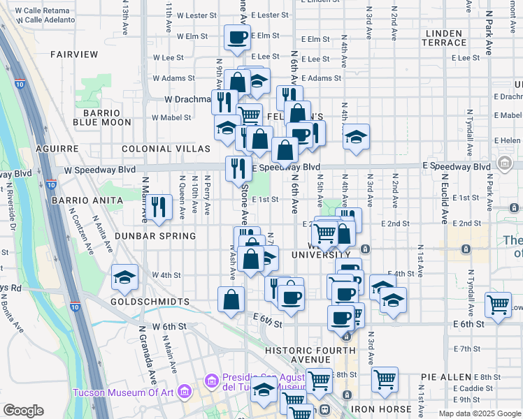 map of restaurants, bars, coffee shops, grocery stores, and more near 920 North Stone Avenue in Tucson