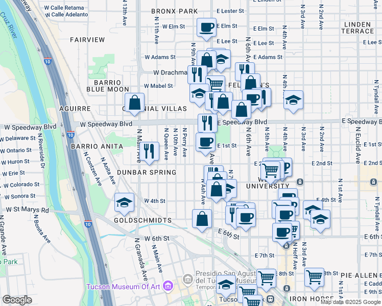 map of restaurants, bars, coffee shops, grocery stores, and more near 928 North 9th Avenue in Tucson