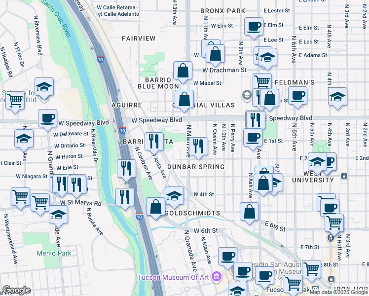 map of restaurants, bars, coffee shops, grocery stores, and more near 922 North 13th Avenue in Tucson