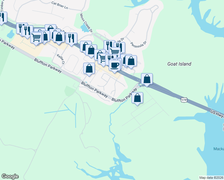 map of restaurants, bars, coffee shops, grocery stores, and more near 46 Wee Road in Hilton Head Island