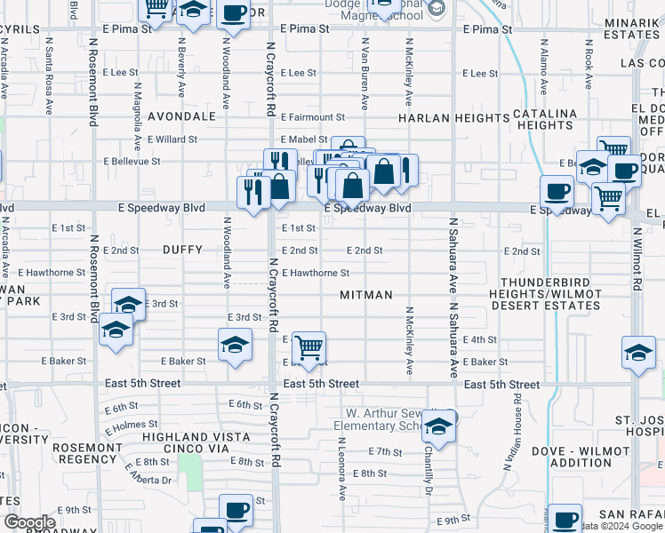map of restaurants, bars, coffee shops, grocery stores, and more near 5613 East Hawthorne Street in Tucson