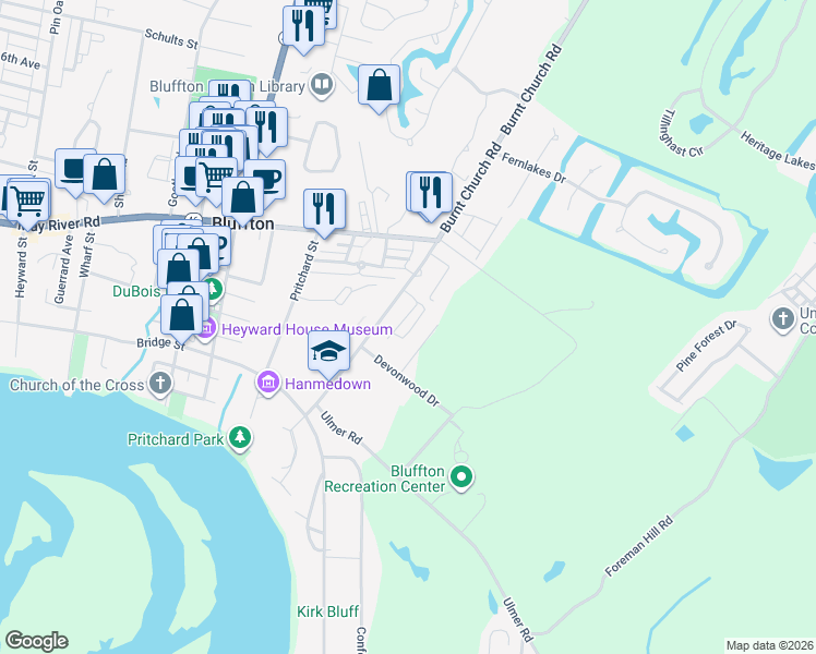 map of restaurants, bars, coffee shops, grocery stores, and more near 171 Burnt Church Road in Bluffton