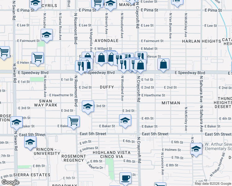 map of restaurants, bars, coffee shops, grocery stores, and more near 5337 East Hawthorne Street in Tucson