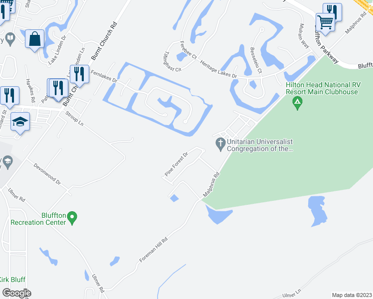 map of restaurants, bars, coffee shops, grocery stores, and more near 40 Pine Forest Drive in Bluffton