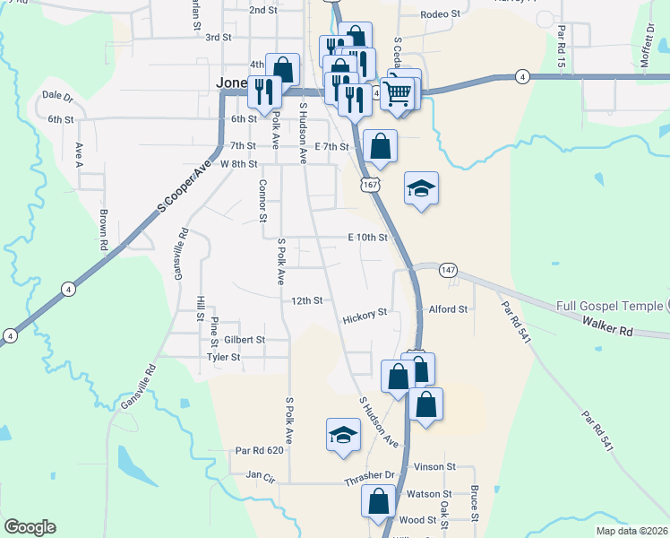 map of restaurants, bars, coffee shops, grocery stores, and more near 1115 South Hudson Avenue in Jonesboro