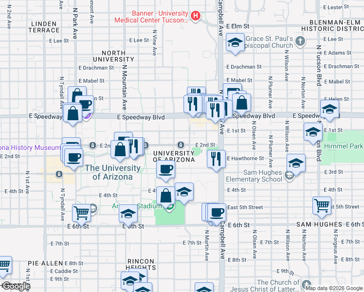 map of restaurants, bars, coffee shops, grocery stores, and more near 1650 East 2nd Street in Tucson