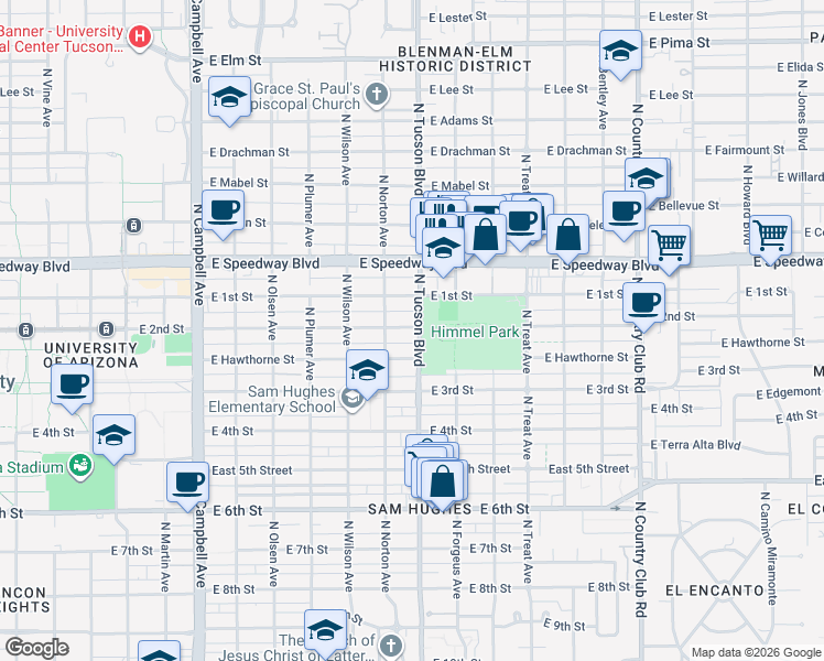 map of restaurants, bars, coffee shops, grocery stores, and more near 937 North Tucson Boulevard in Tucson
