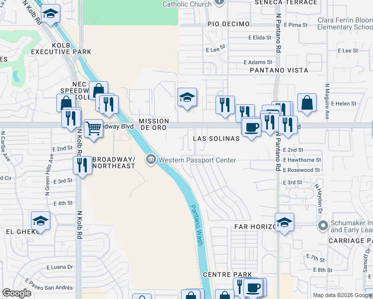 map of restaurants, bars, coffee shops, grocery stores, and more near 958 North Cam Verano in Tucson