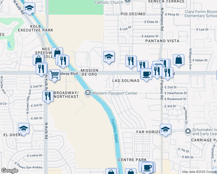 map of restaurants, bars, coffee shops, grocery stores, and more near 958 North Cam Verano in Tucson