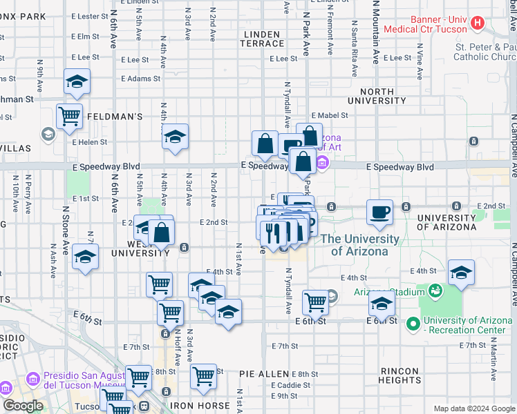 map of restaurants, bars, coffee shops, grocery stores, and more near in Tucson