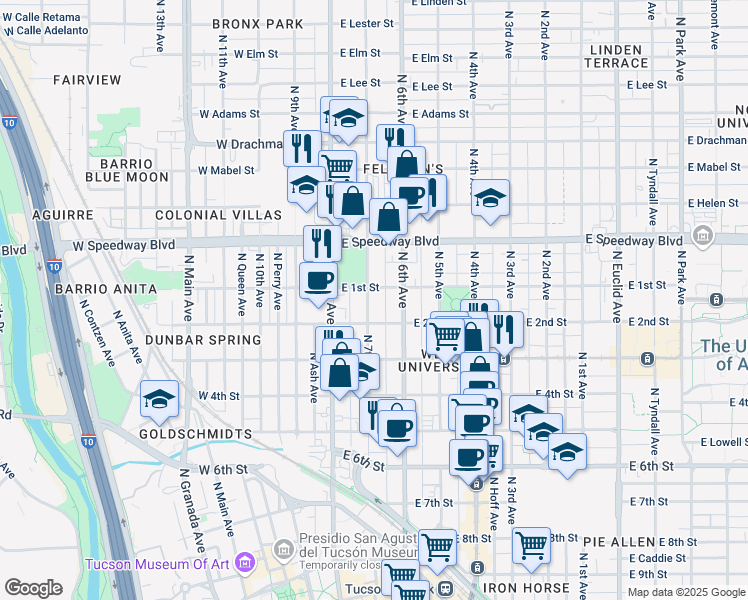 map of restaurants, bars, coffee shops, grocery stores, and more near 930 North 7th Avenue in Tucson