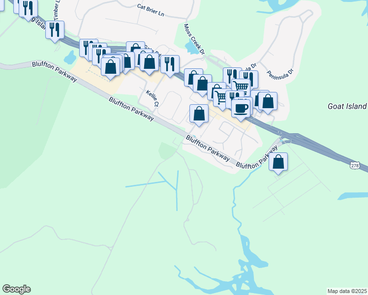 map of restaurants, bars, coffee shops, grocery stores, and more near 2 Old South Court in Bluffton