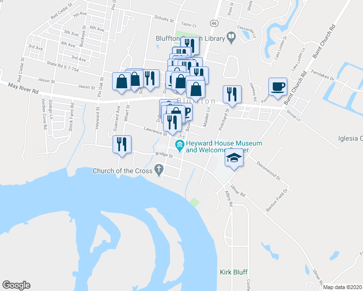 map of restaurants, bars, coffee shops, grocery stores, and more near 68 Boundary Street in Bluffton