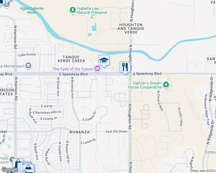 map of restaurants, bars, coffee shops, grocery stores, and more near 10125 East Arizmo Street in Tucson