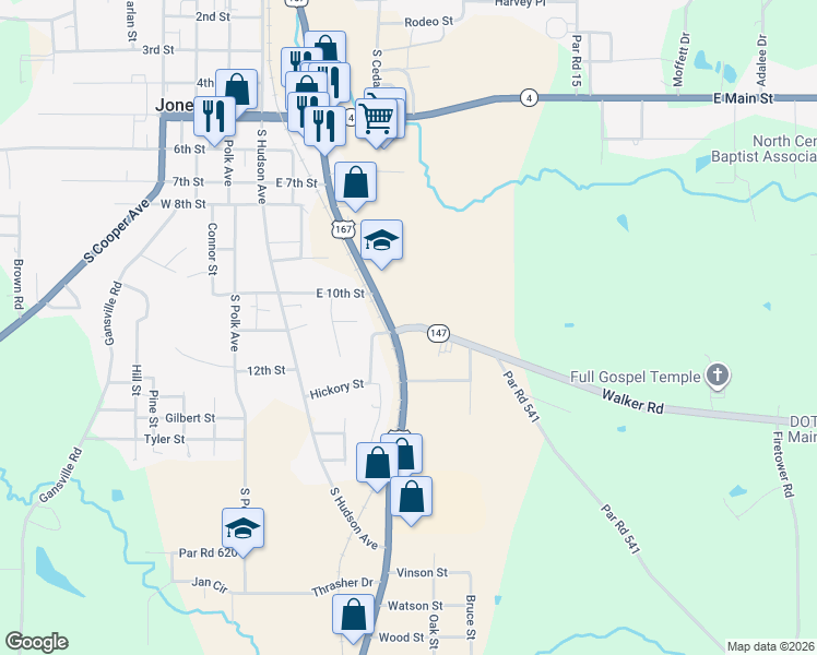 map of restaurants, bars, coffee shops, grocery stores, and more near 386 Walker Road in Jonesboro