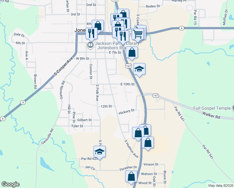 map of restaurants, bars, coffee shops, grocery stores, and more near 1115 South Hudson Avenue in Jonesboro