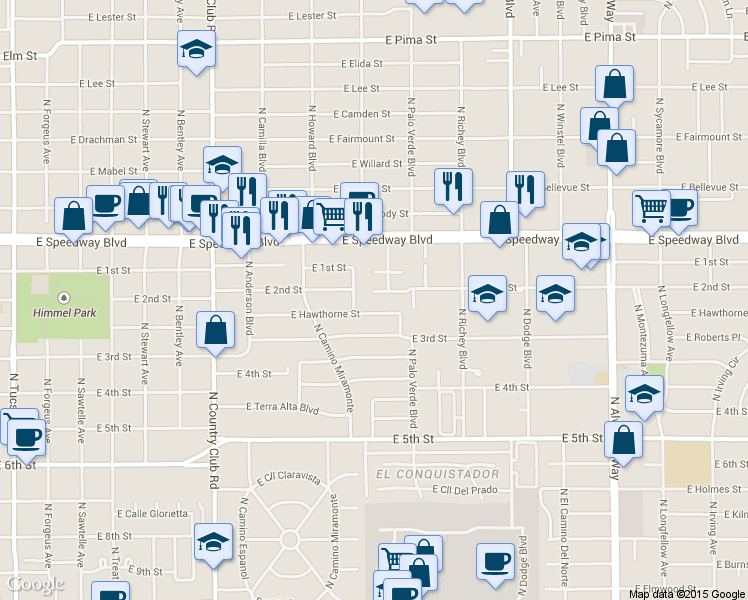 map of restaurants, bars, coffee shops, grocery stores, and more near 3401 East Hawthorne Street in Tucson