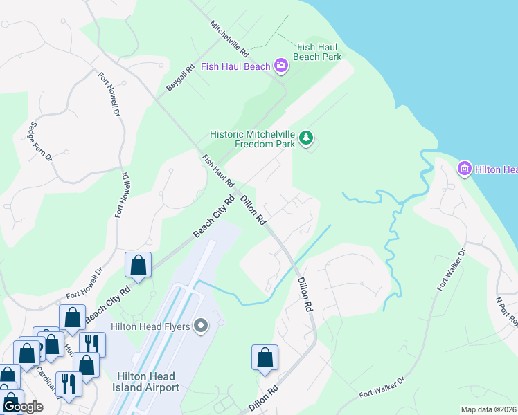 map of restaurants, bars, coffee shops, grocery stores, and more near 23 Arandas Way in Hilton Head Island