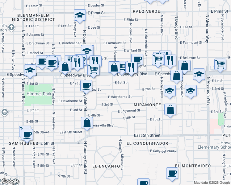 map of restaurants, bars, coffee shops, grocery stores, and more near 3314 East 2nd Street in Tucson