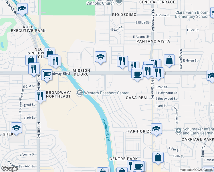 map of restaurants, bars, coffee shops, grocery stores, and more near 957 North Camino Las Solanas in Tucson