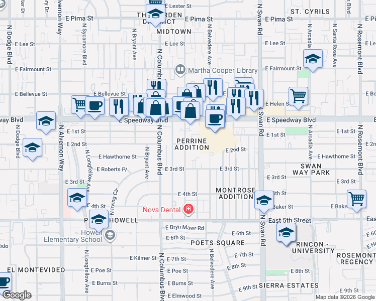 map of restaurants, bars, coffee shops, grocery stores, and more near 923 North Catalina Avenue in Tucson