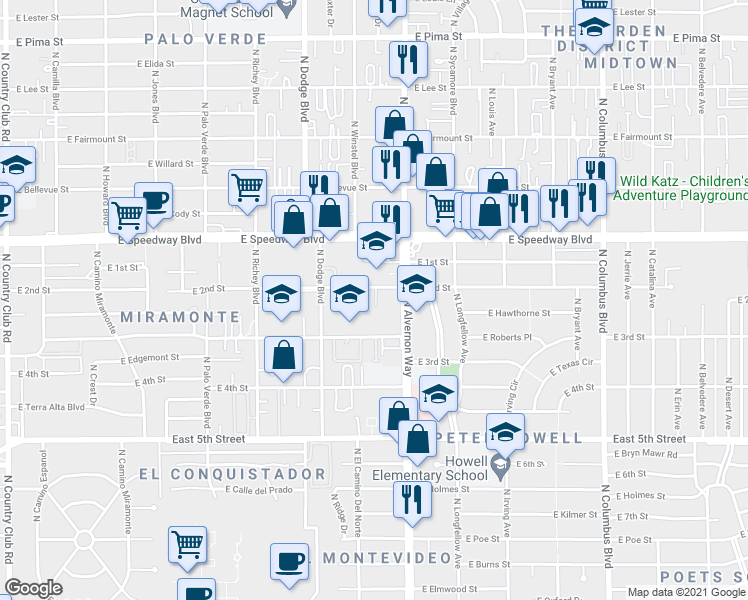 map of restaurants, bars, coffee shops, grocery stores, and more near 3736 East 2nd Street in Tucson