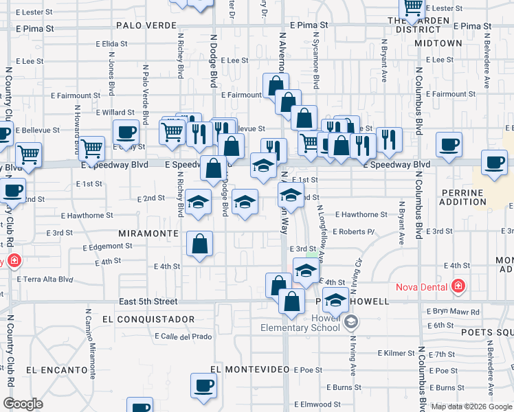 map of restaurants, bars, coffee shops, grocery stores, and more near 3736 East 2nd Street in Tucson