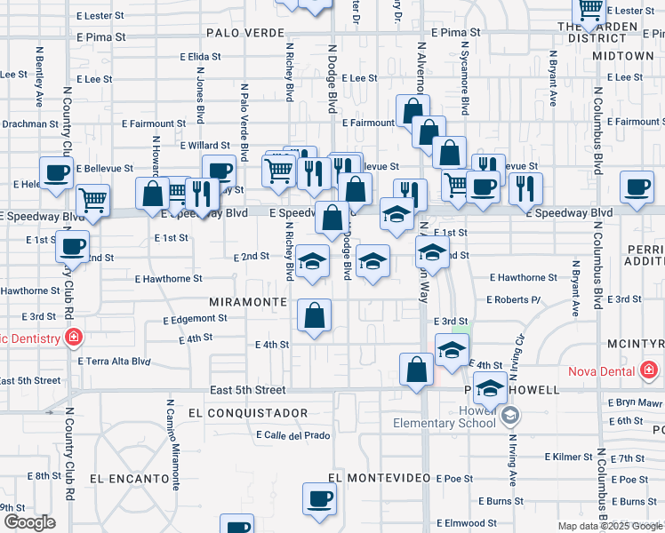 map of restaurants, bars, coffee shops, grocery stores, and more near 938 North Chrysler Drive in Tucson