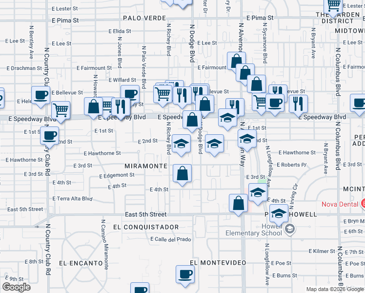 map of restaurants, bars, coffee shops, grocery stores, and more near 938 North Chrysler Drive in Tucson
