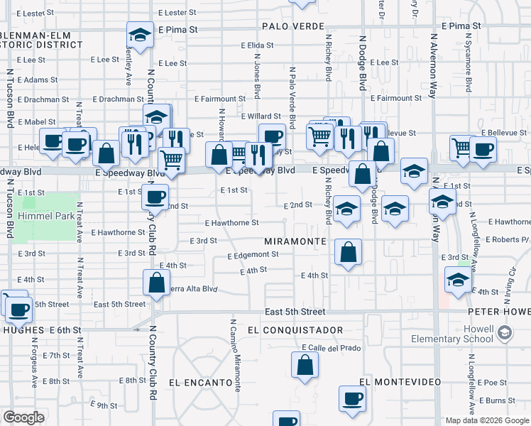 map of restaurants, bars, coffee shops, grocery stores, and more near 3401 East Hawthorne Street in Tucson