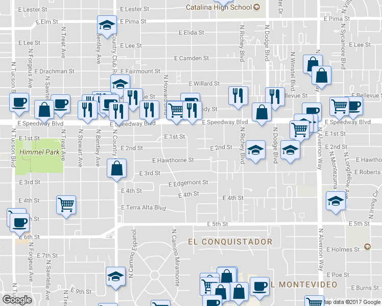 map of restaurants, bars, coffee shops, grocery stores, and more near 3401 East Hawthorne Street in Tucson