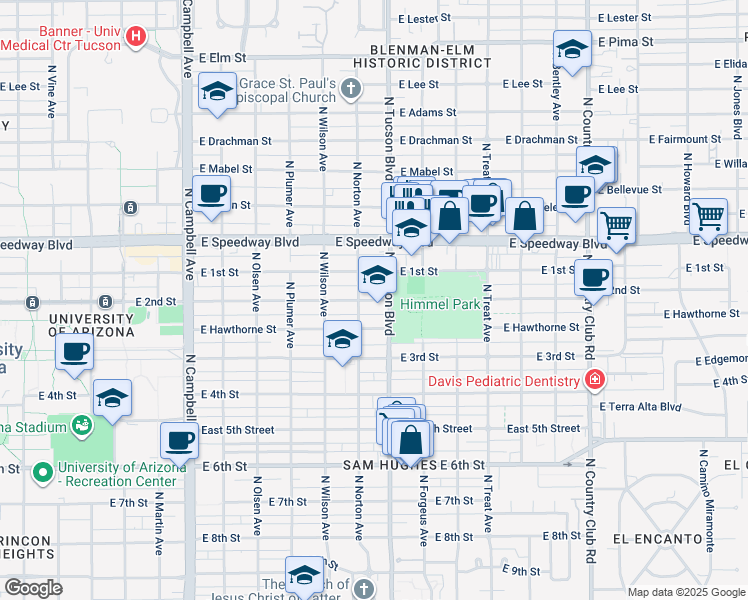 map of restaurants, bars, coffee shops, grocery stores, and more near 937 North Tucson Boulevard in Tucson