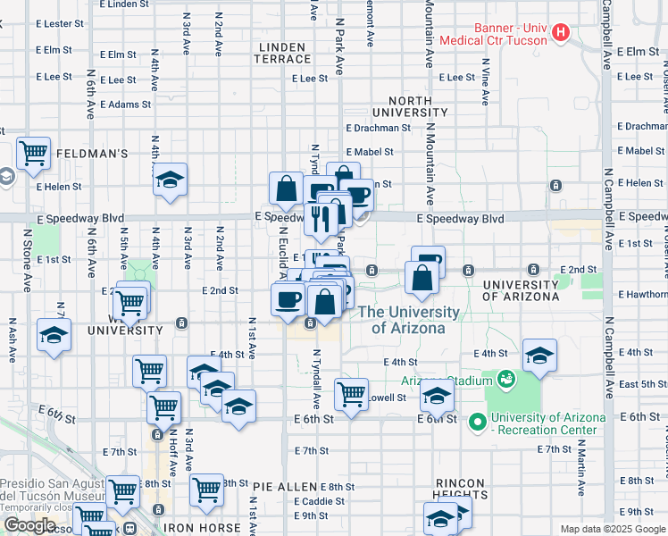 map of restaurants, bars, coffee shops, grocery stores, and more near 20 East 2nd Street in Tucson