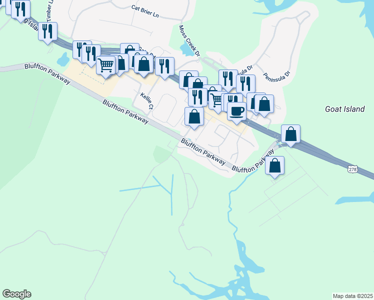 map of restaurants, bars, coffee shops, grocery stores, and more near 14 Old South Court in Bluffton