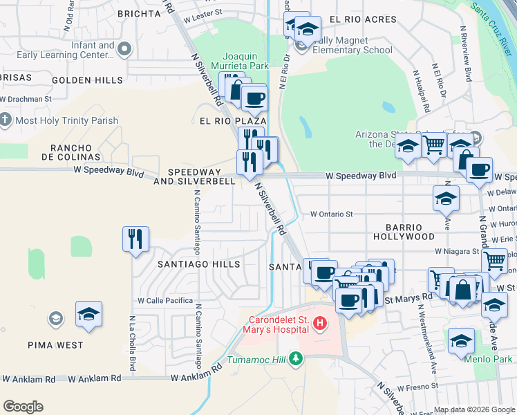 map of restaurants, bars, coffee shops, grocery stores, and more near 49 North Cll Santiago in Tucson