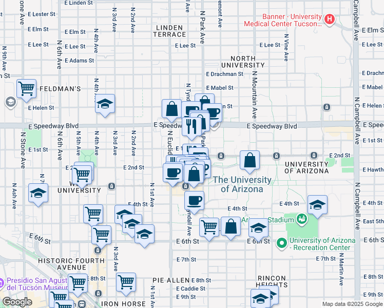 map of restaurants, bars, coffee shops, grocery stores, and more near 950 North Tyndall Avenue in Tucson