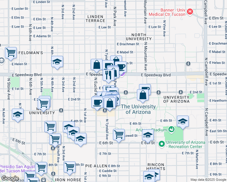 map of restaurants, bars, coffee shops, grocery stores, and more near 947 North Park Avenue in Tucson