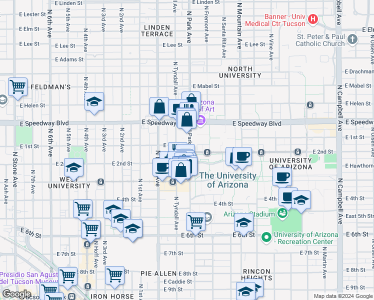 map of restaurants, bars, coffee shops, grocery stores, and more near 947 North Park Avenue in Tucson