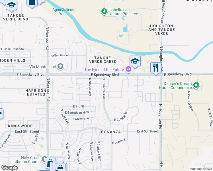 map of restaurants, bars, coffee shops, grocery stores, and more near 9901 East Hawthorne Street in Tucson