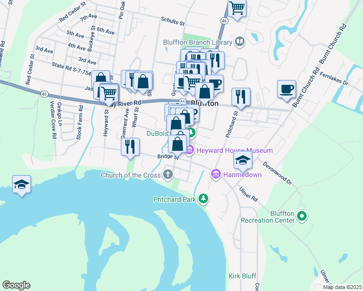 map of restaurants, bars, coffee shops, grocery stores, and more near 57 Calhoun Street in Bluffton