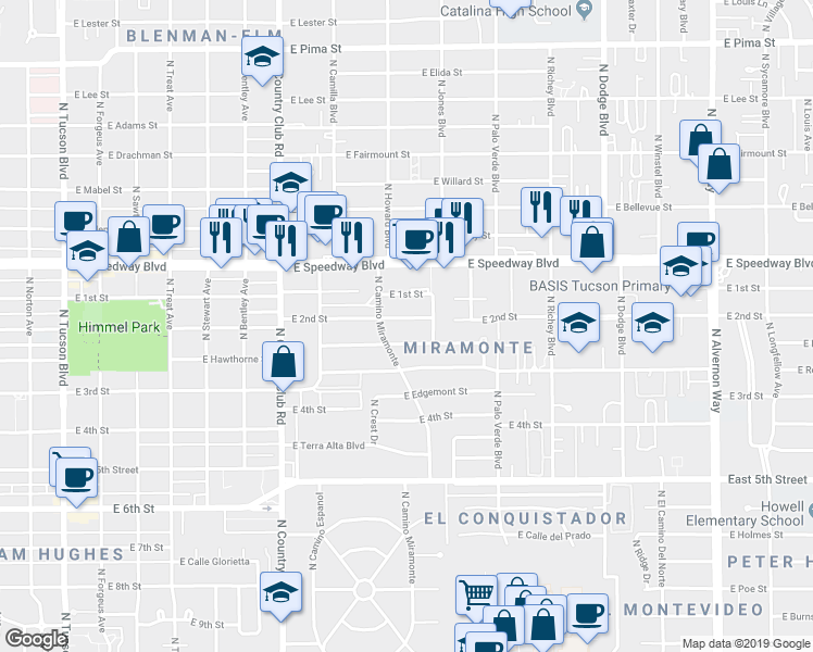 map of restaurants, bars, coffee shops, grocery stores, and more near 3315 East Hawthorne Street in Tucson