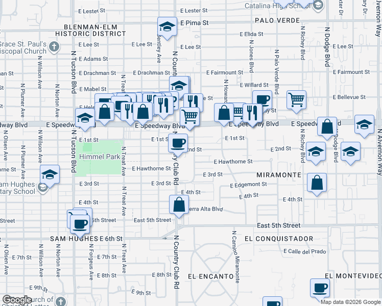 map of restaurants, bars, coffee shops, grocery stores, and more near 3201 East Hawthorne Street in Tucson