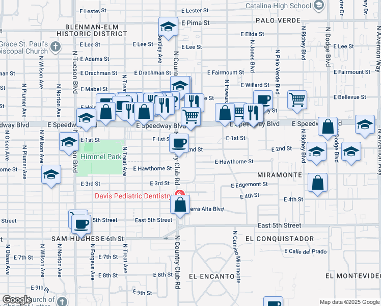 map of restaurants, bars, coffee shops, grocery stores, and more near 3201 East Hawthorne Street in Tucson