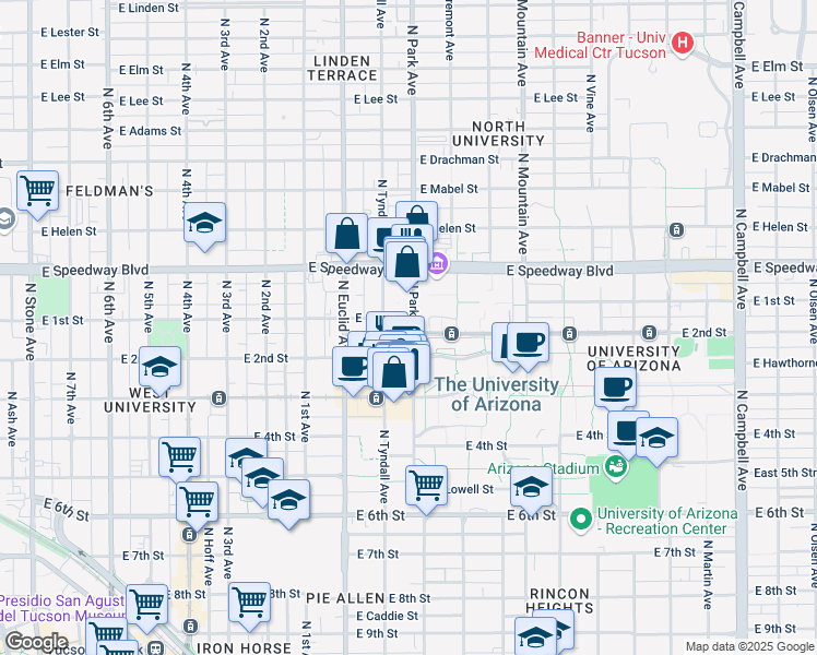 map of restaurants, bars, coffee shops, grocery stores, and more near 20 East 2nd Street in Tucson